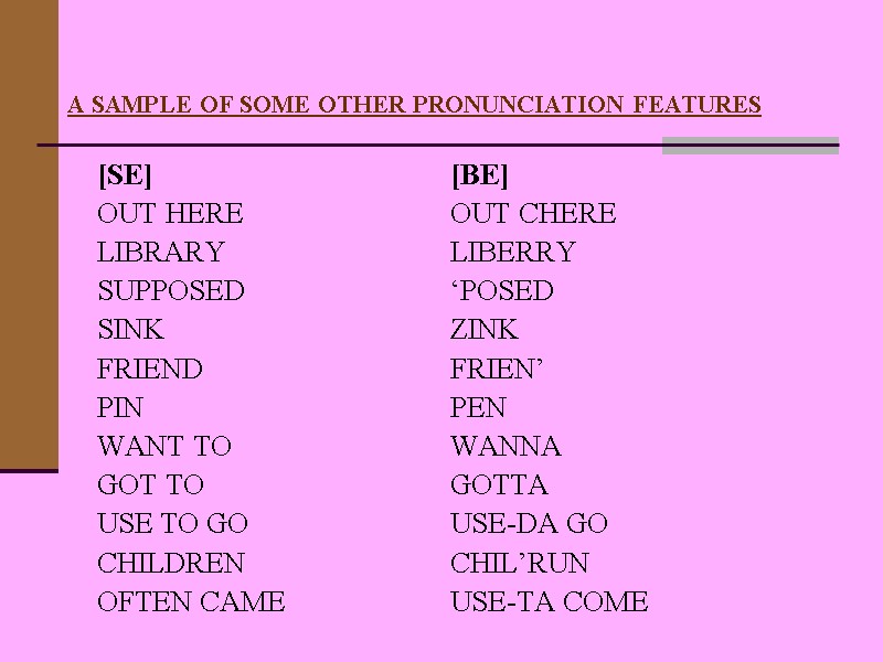 A SAMPLE OF SOME OTHER PRONUNCIATION FEATURES  [SE]    [BE] OUT